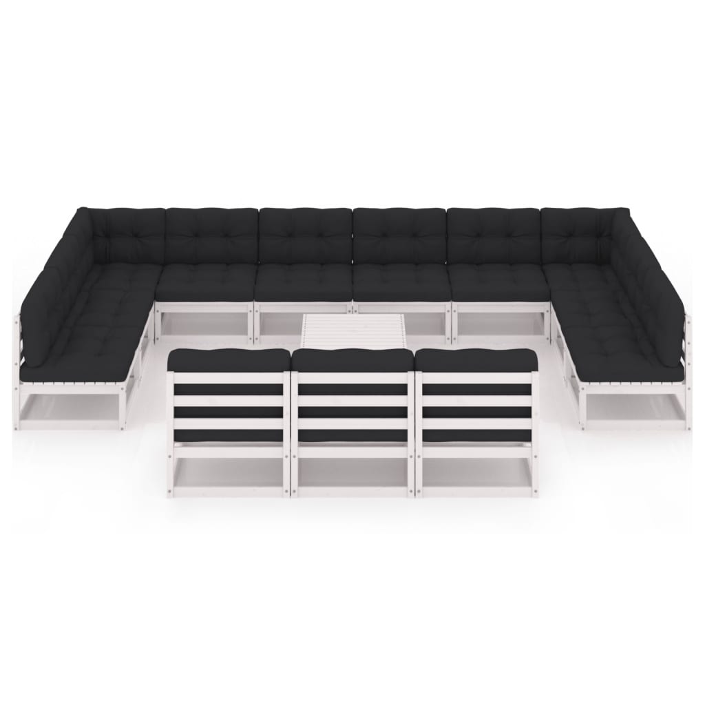 14-tlg. Garten-Lounge-Set mit Kissen Weiss Kiefer Massivholz